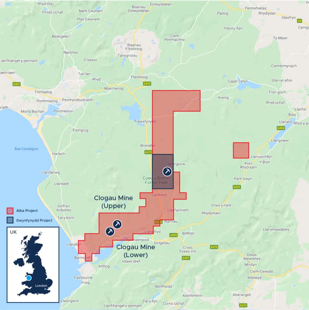 Alba's exclusive exploration licences in the Dolgellau Gold Field (shown in red)